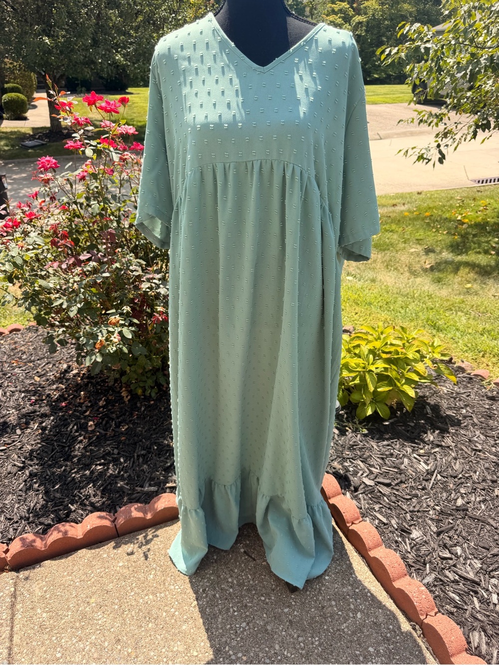SHEIN Light Sage Green Textured V-Neck Maxi Dress